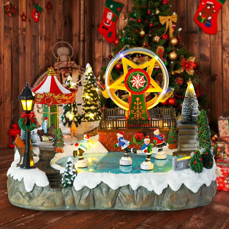 CHONSUN Christmas Village House Musical Christmas Collectible Buildings Amusement Park Carousel Skating Ferris Wheel with LED Lights Vacation Village with USB Indoor Figurines Xmas Decoration - Image 2